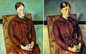 Two paintings of Madame Cezanne in a red dress by Paul Cezanne